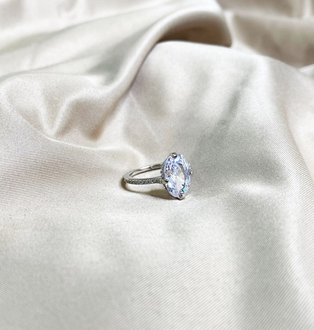 Silver Zircon Oval Cut Big Inlaid Layered Solitaire Ring