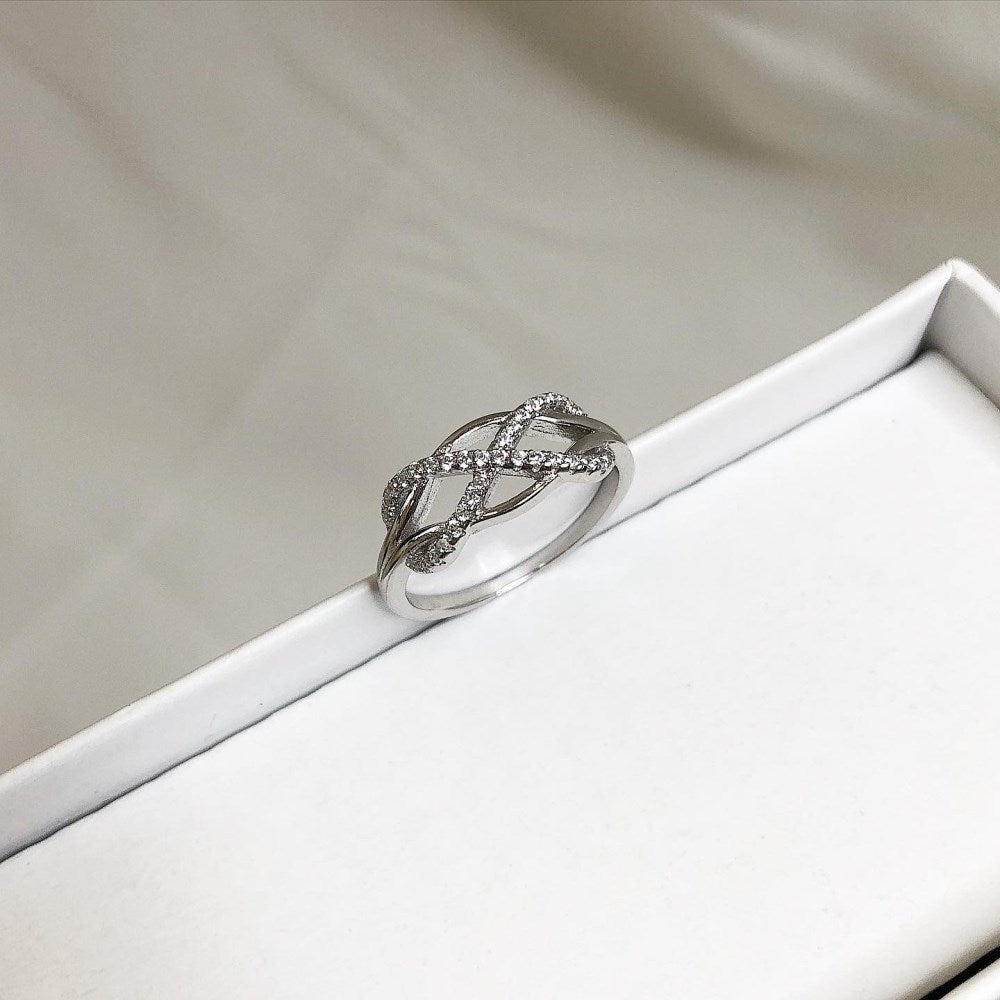 Silver Zircon Round Cut Twisted Infinite Crossover Ring
