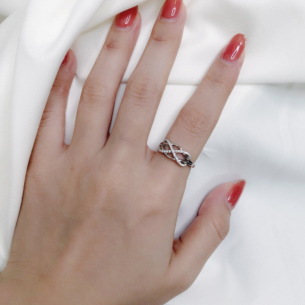 Silver Zircon Round Cut Twisted Infinite Crossover Ring