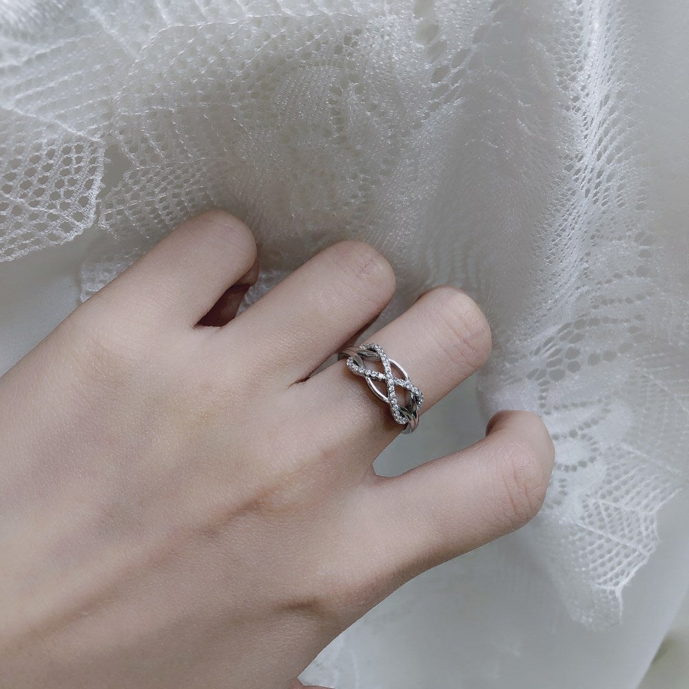 Silver Zircon Round Cut Twisted Infinite Crossover Ring