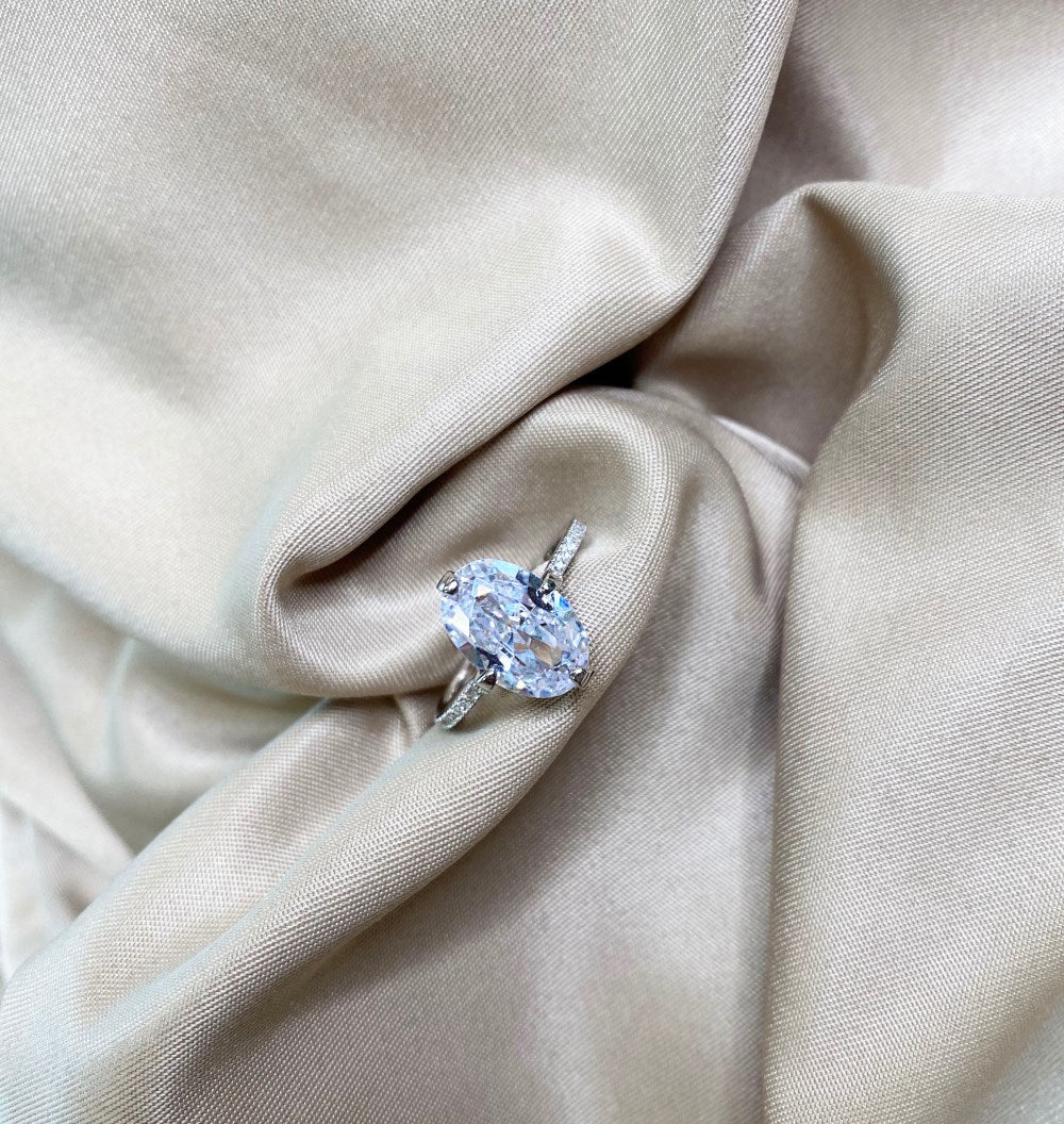 Silver Zircon Oval Cut Big Inlaid Layered Solitaire Ring