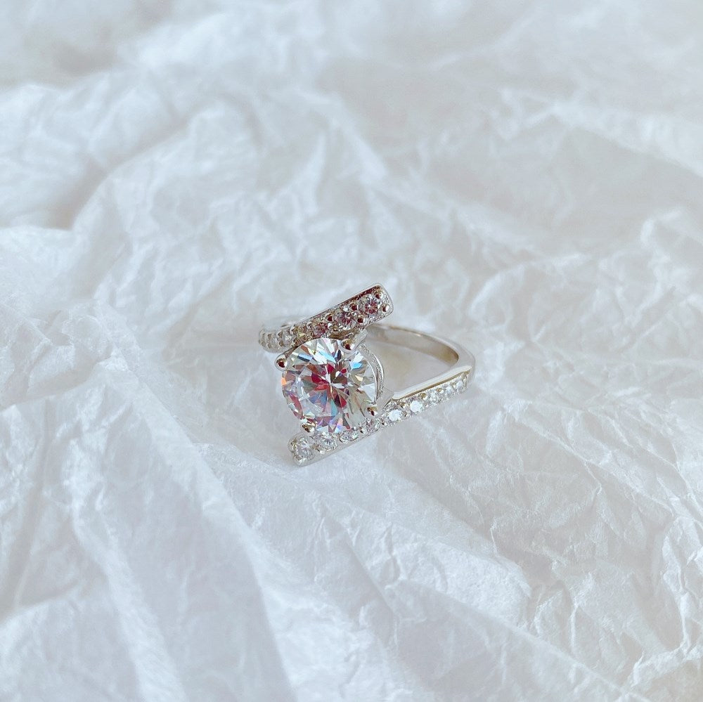 Silver Zircon Round Cut Twisted Solitaire Bypass Ring