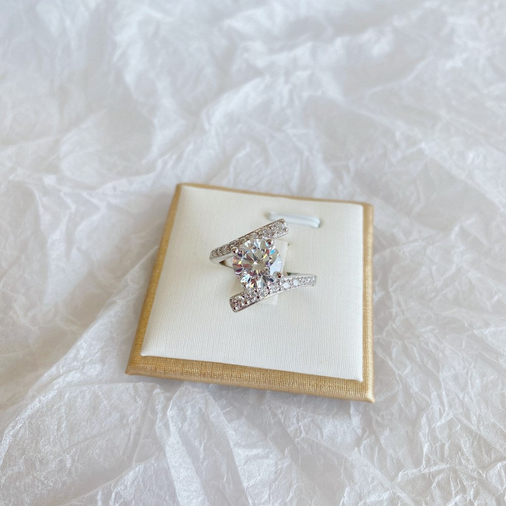 Silver Zircon Round Cut Twisted Solitaire Bypass Ring