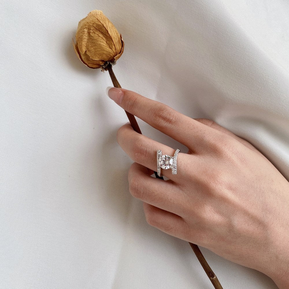 Silver Zircon Round Cut Twisted Solitaire Bypass Ring