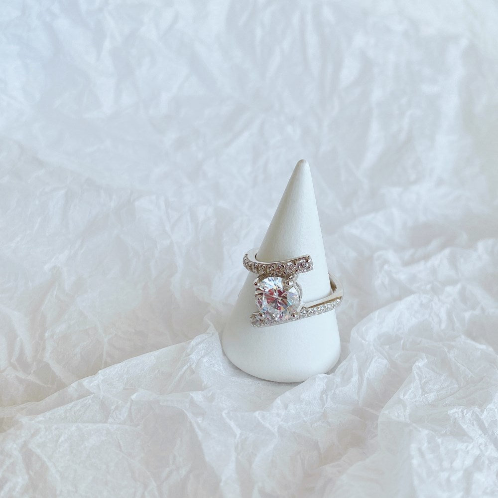 Silver Zircon Round Cut Twisted Solitaire Bypass Ring