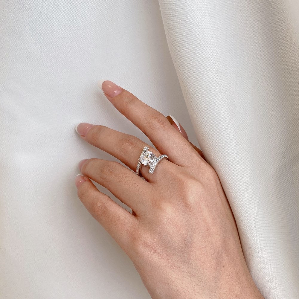 Silver Zircon Round Cut Twisted Solitaire Bypass Ring