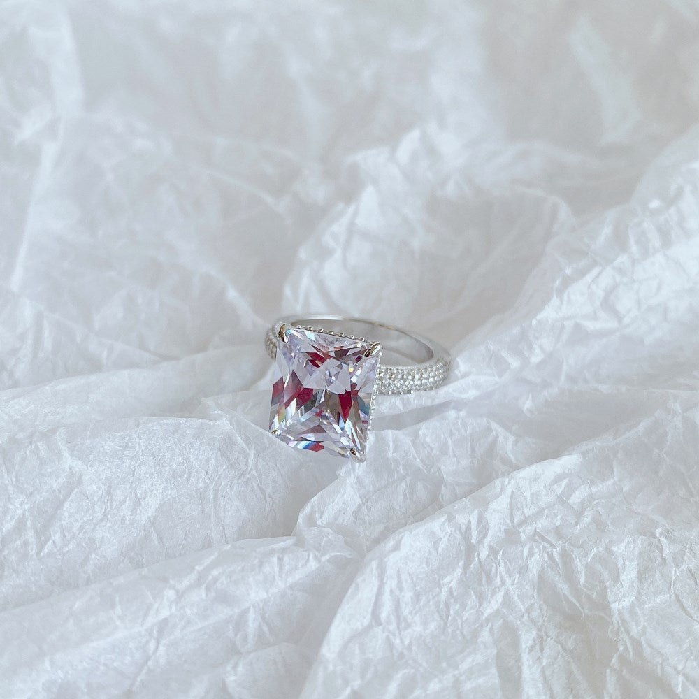 Silver Zircon Radiant Cut Iced Squared Solitaire Ring