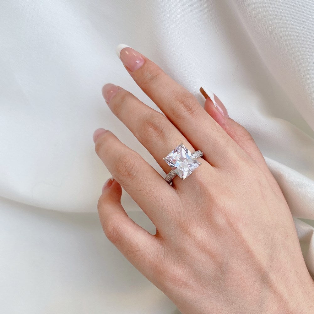 Silver Zircon Radiant Cut Iced Squared Solitaire Ring