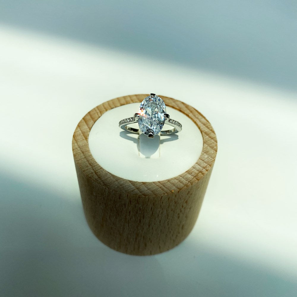 Silver Zircon Oval Cut Big Inlaid Layered Solitaire Ring
