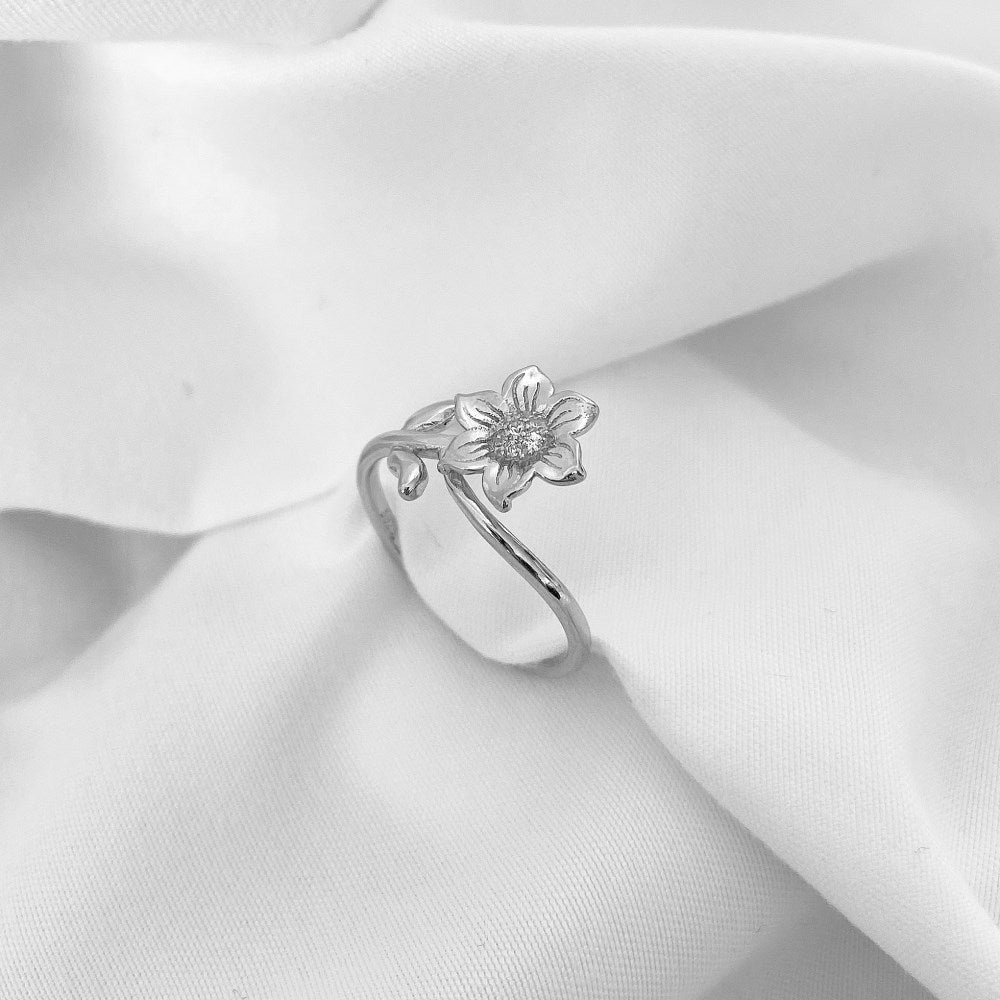 Silver Zircon Round Cut Open Twisted Flower Bypass Ring