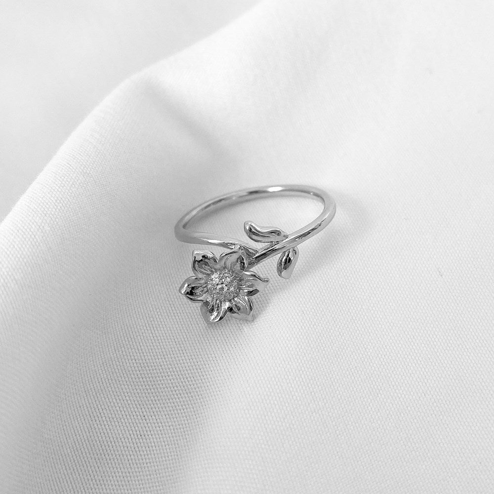 Silver Zircon Round Cut Open Twisted Flower Bypass Ring