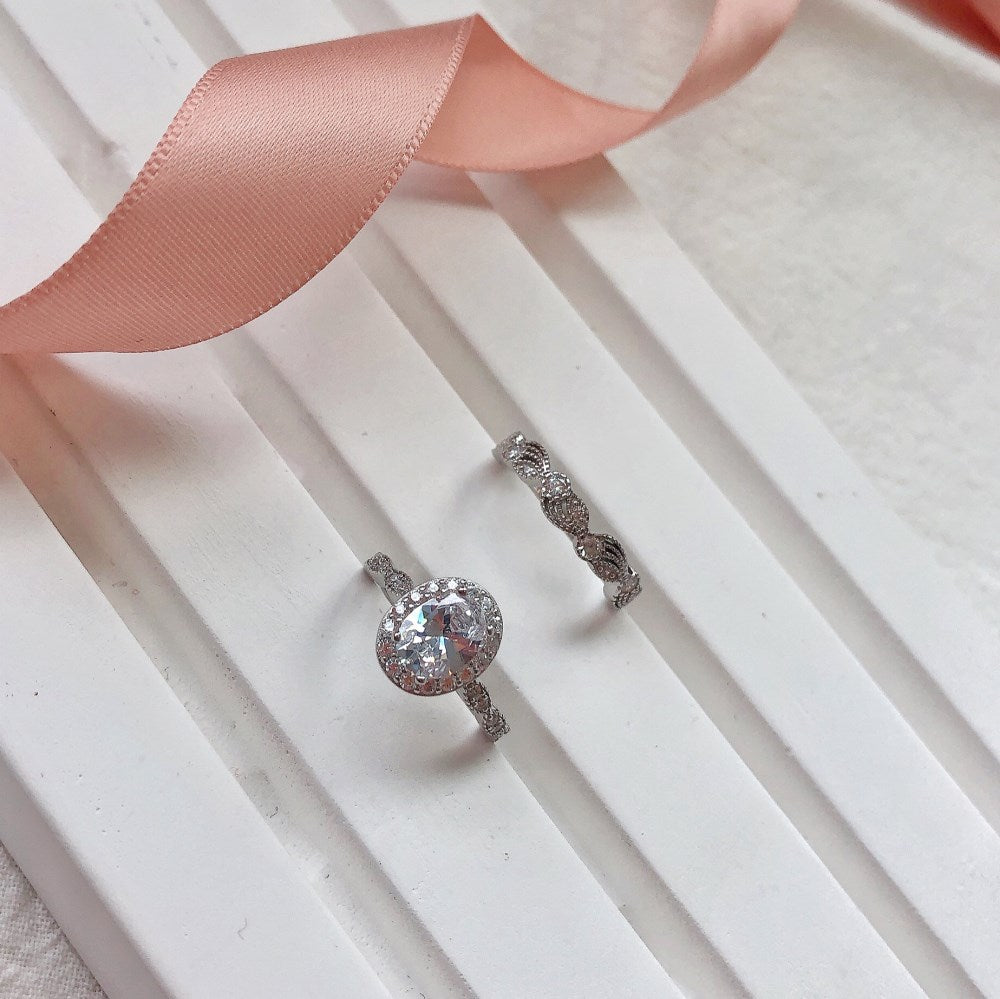 Silver Zircon Oval Cut Duel Halo Ring