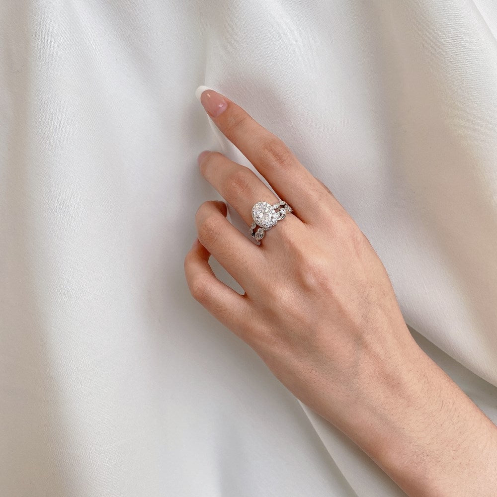Silver Zircon Oval Cut Duel Halo Ring
