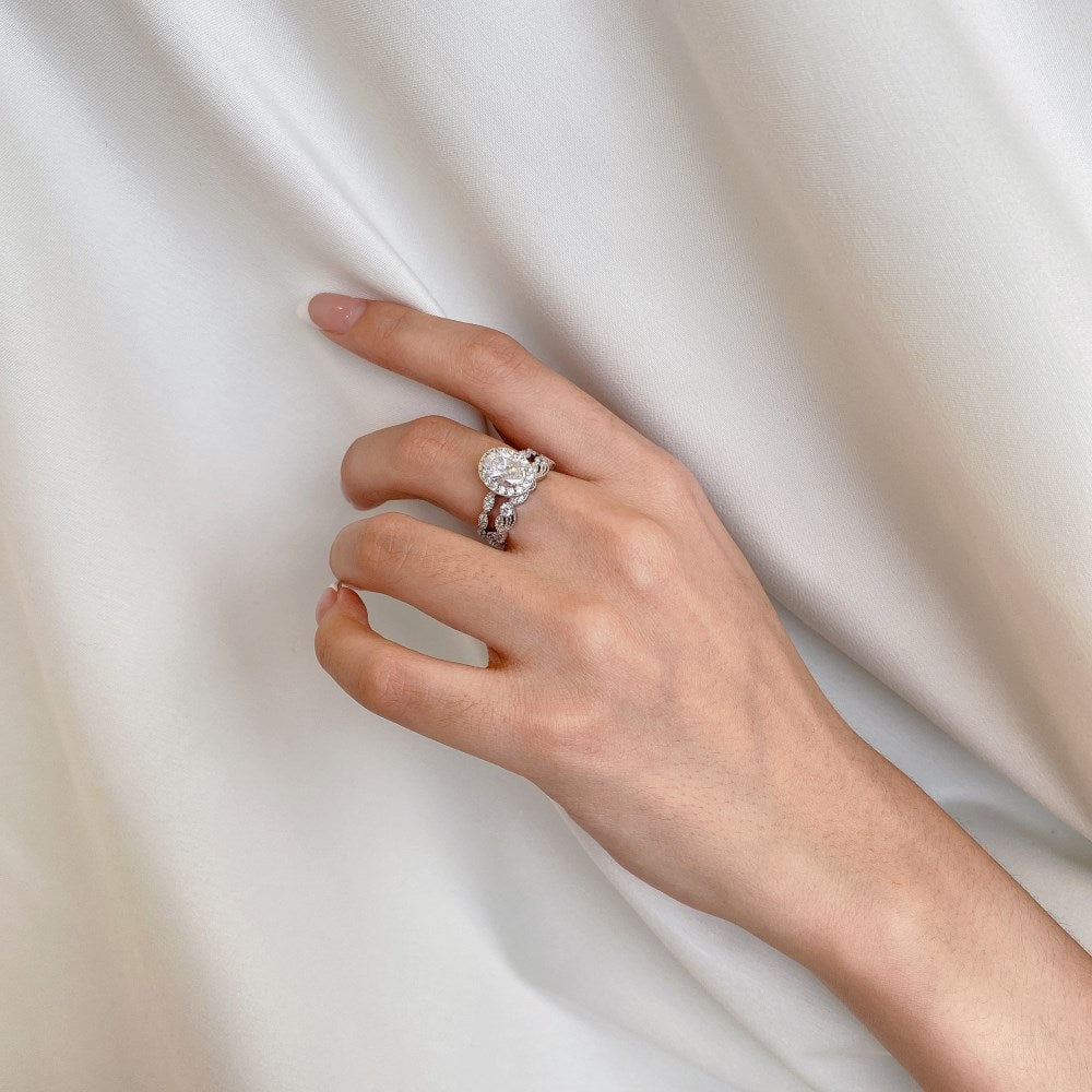 Silver Zircon Oval Cut Duel Halo Ring