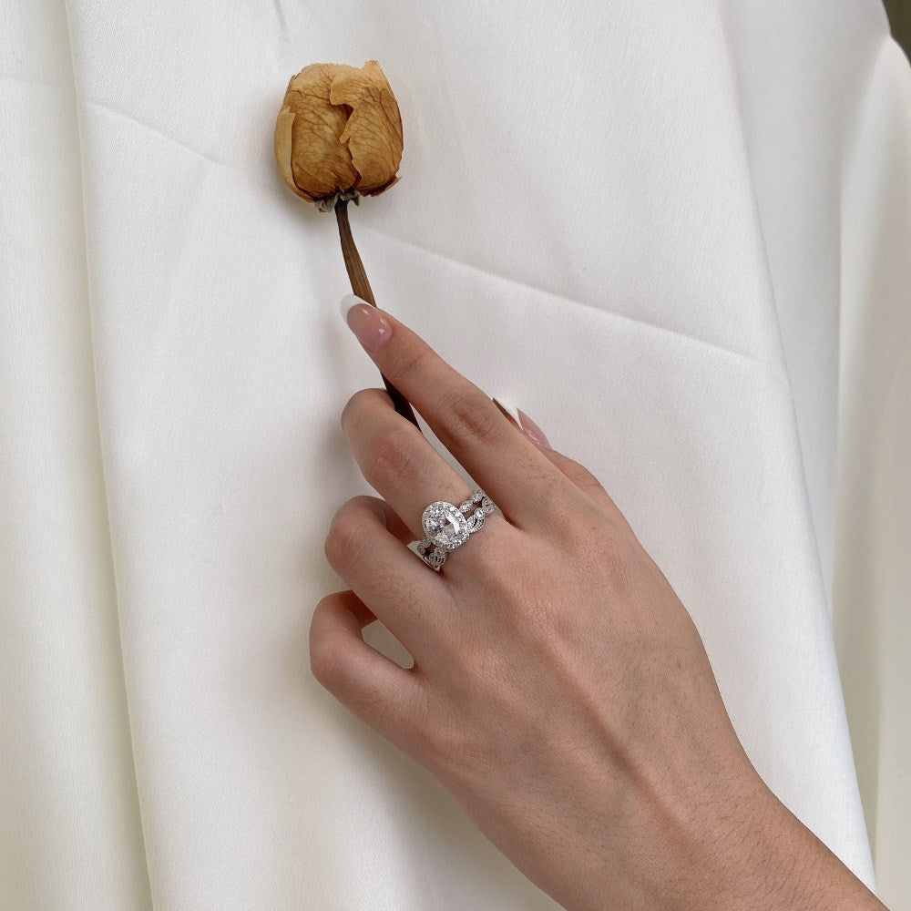 Silver Zircon Oval Cut Duel Halo Ring