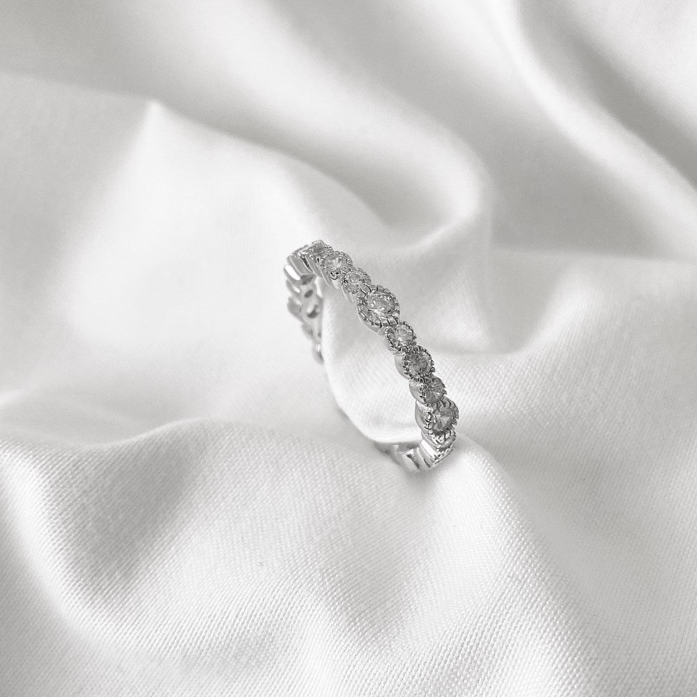 Silver Zircon Round Cut Thin Brushed Eternity Ring