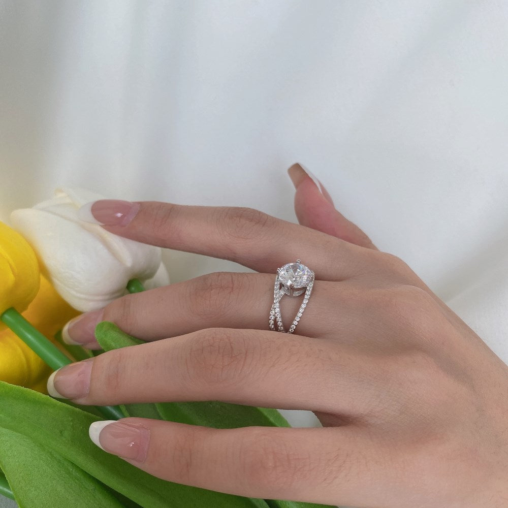 Silver Zircon Round Cut Twisted Flower Solitaire Ring