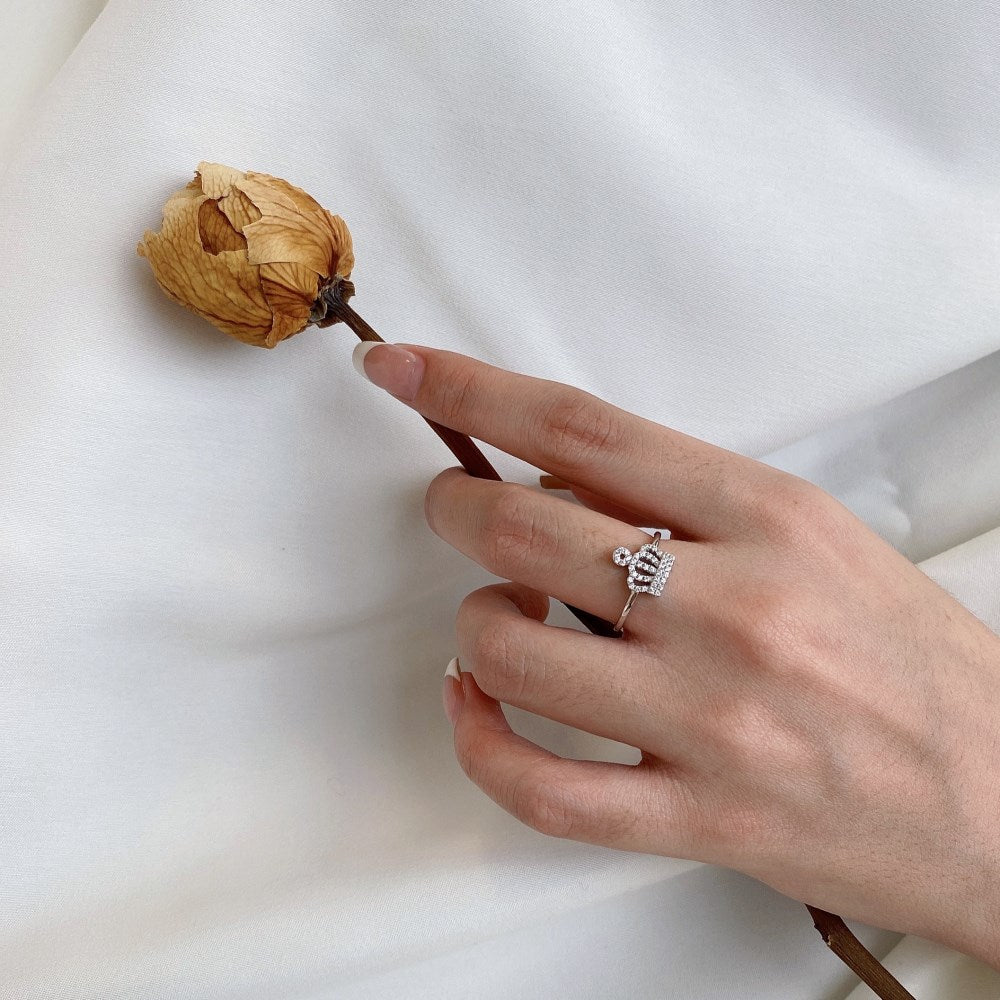 Silver Zircon Round Cut Iced Halo Crown Dainty Ring