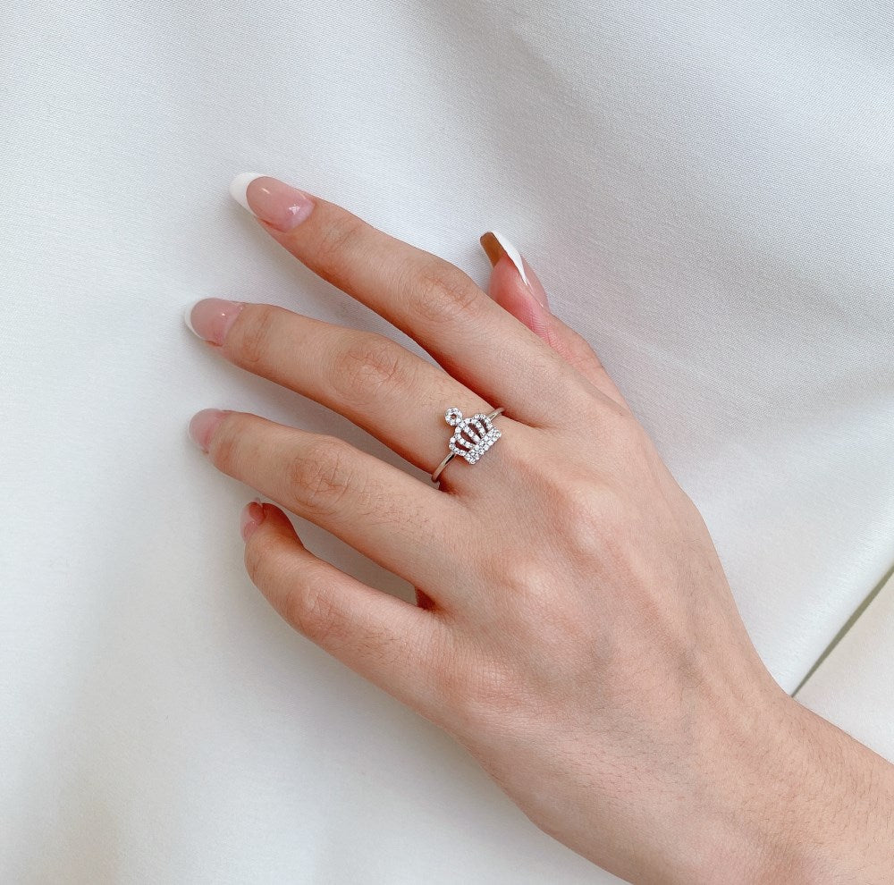 Silver Zircon Round Cut Iced Halo Crown Dainty Ring