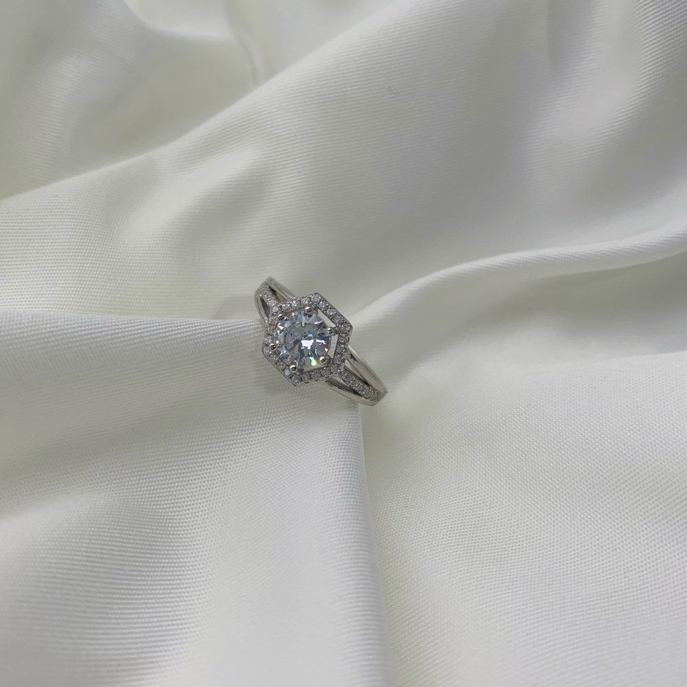 Silver Zircon Round Cut Multi Layer Hexagon Halo Ring