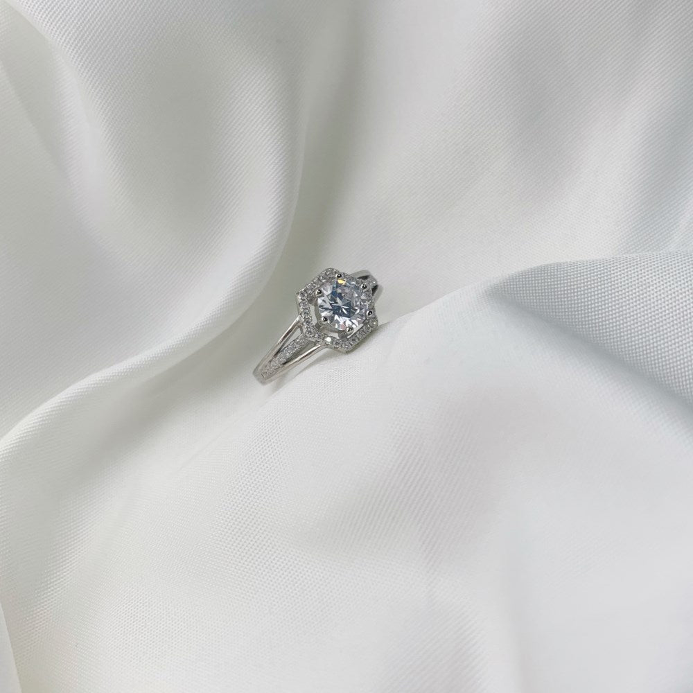 Silver Zircon Round Cut Multi Layer Hexagon Halo Ring