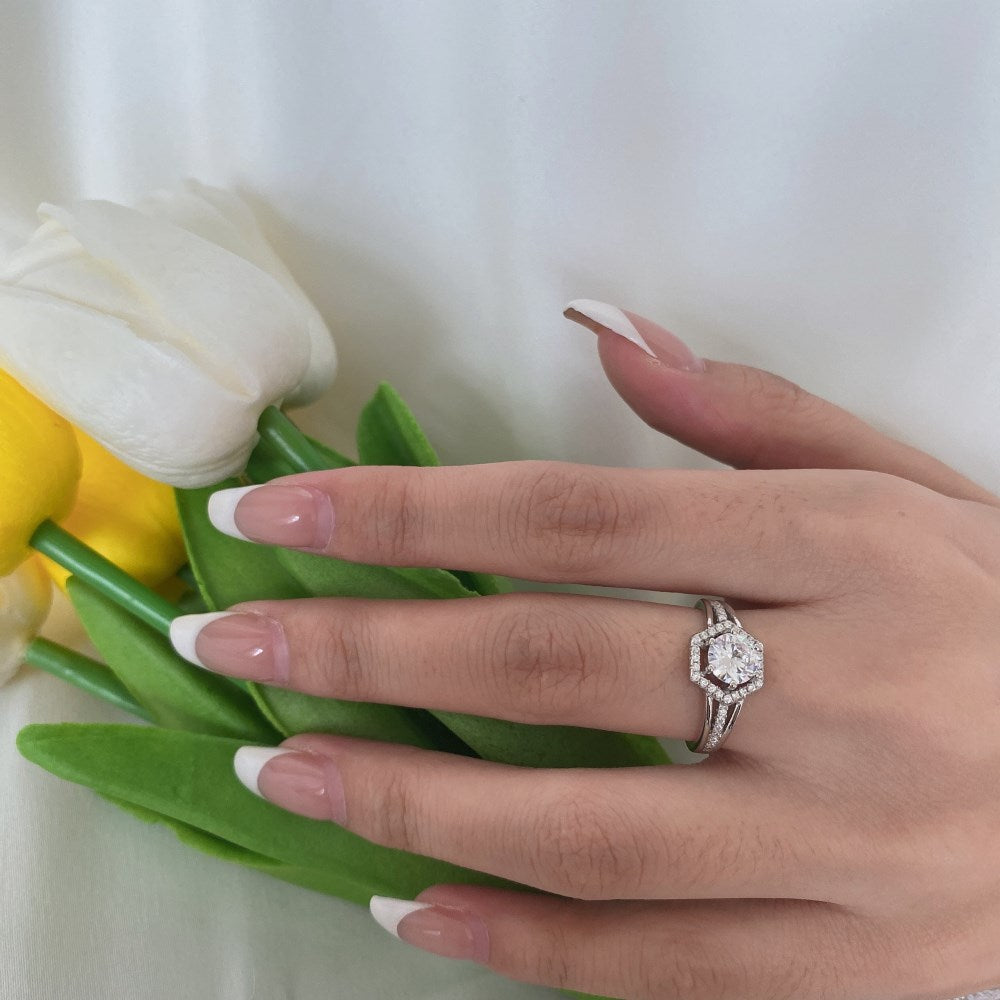 Silver Zircon Round Cut Multi Layer Hexagon Halo Ring