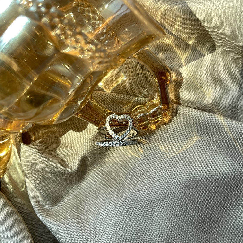 Silver Zircon Round Cut Duel Inlaid Heart Dainty Ring