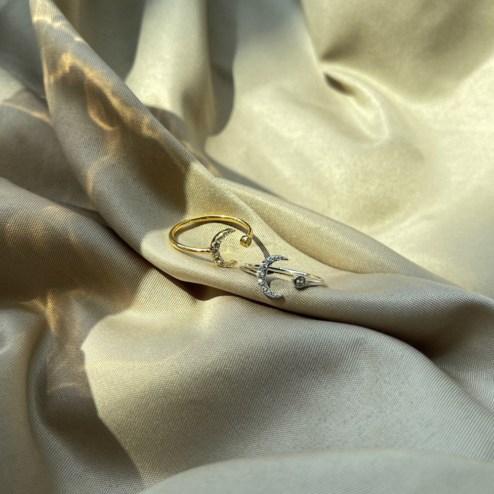 Silver Zircon Round Cut Small Open Crescent Bypass Ring