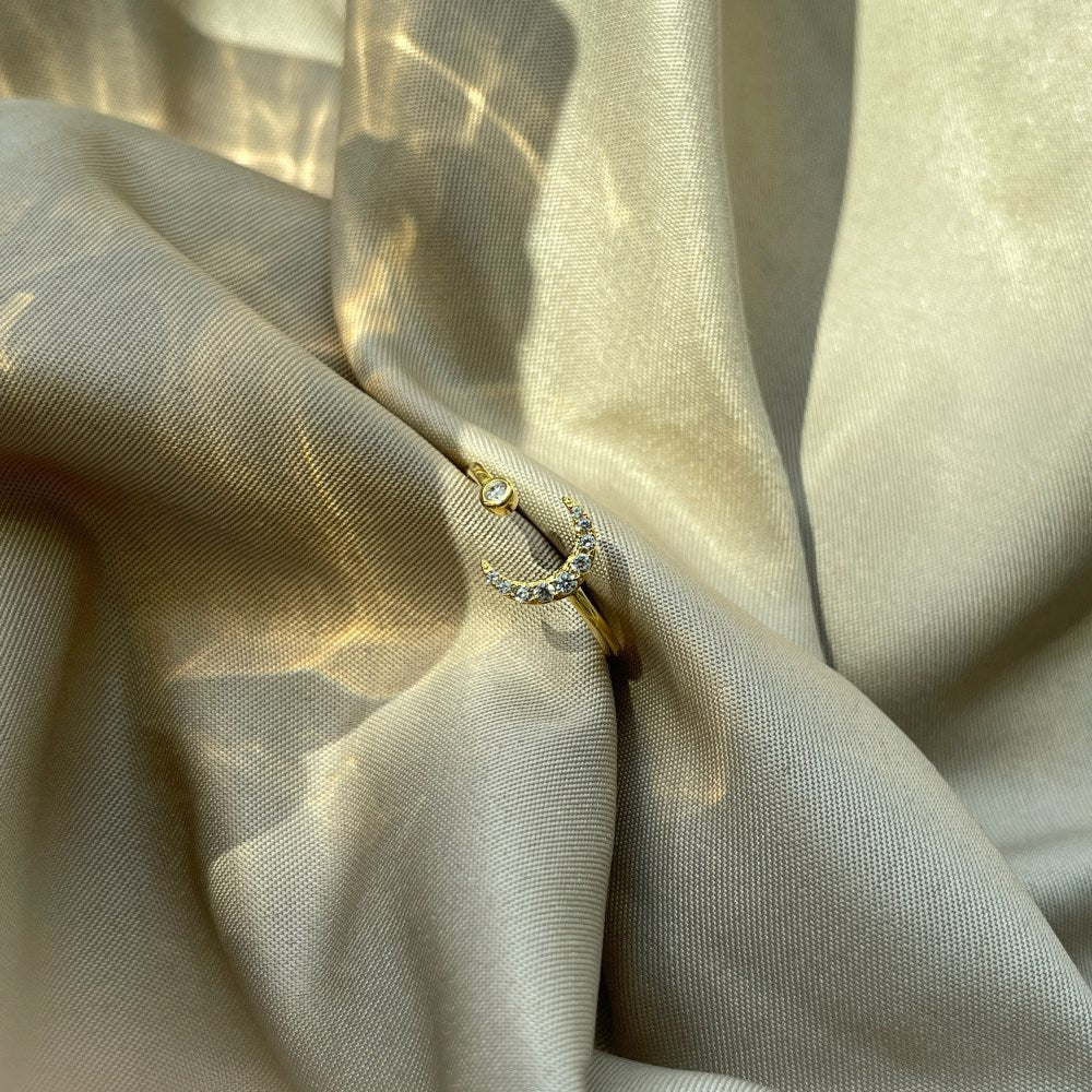 Silver Zircon Round Cut Small Open Crescent Bypass Ring