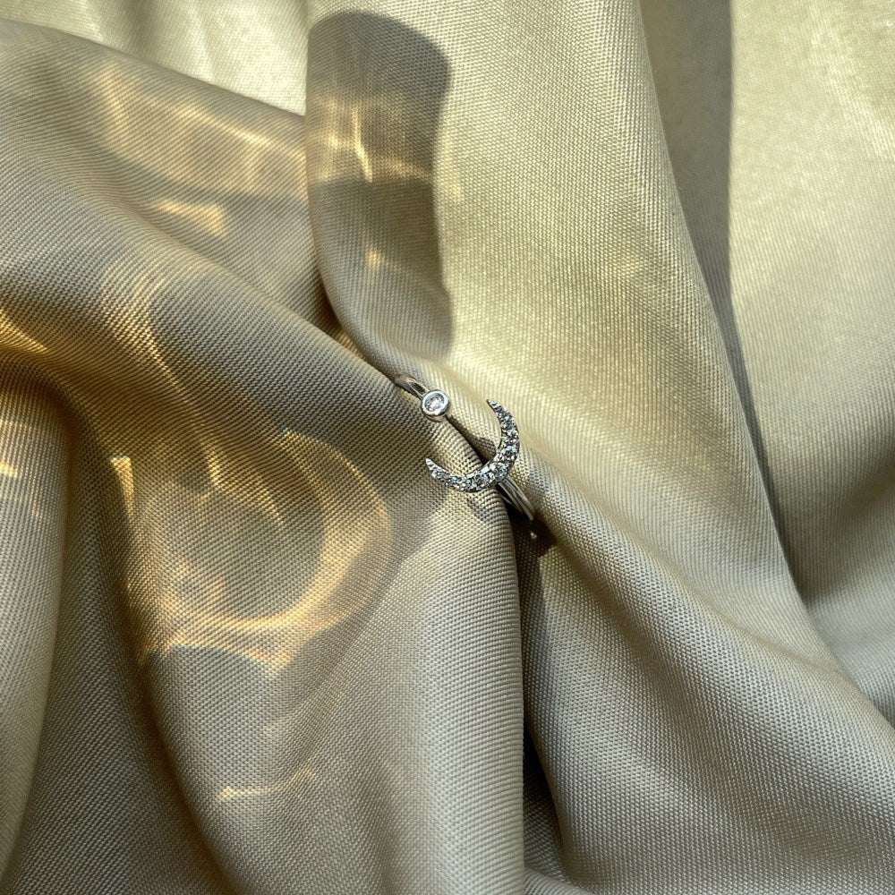 Silver Zircon Round Cut Small Open Crescent Bypass Ring