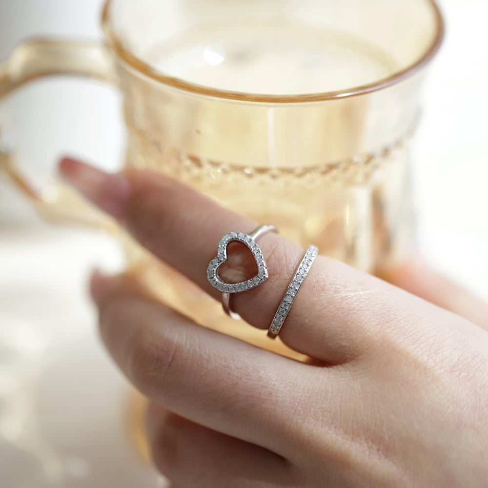 Silver Zircon Round Cut Duel Inlaid Heart Dainty Ring