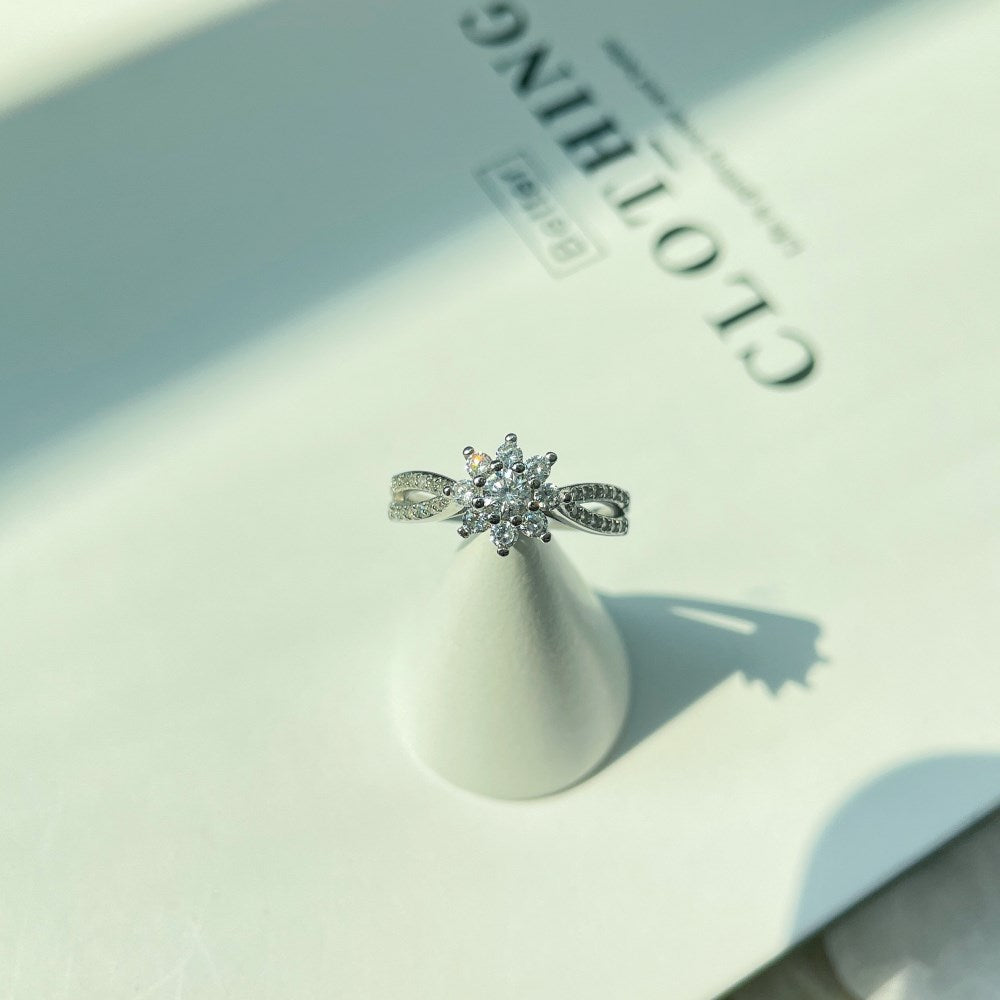 Silver Zircon Round Cut Twisted Iced Flower Halo Ring