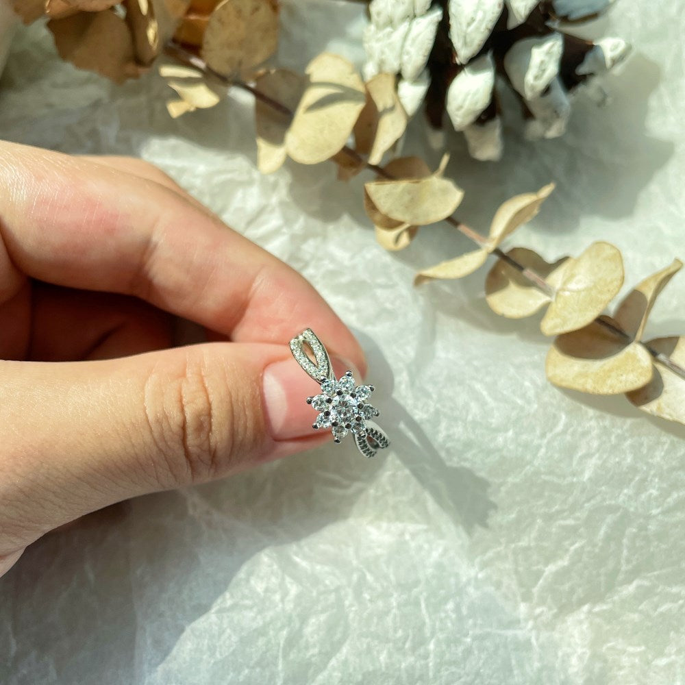 Silver Zircon Round Cut Twisted Iced Flower Halo Ring