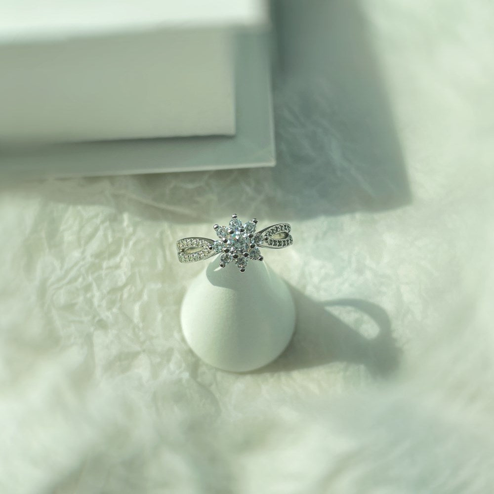 Silver Zircon Round Cut Twisted Iced Flower Halo Ring