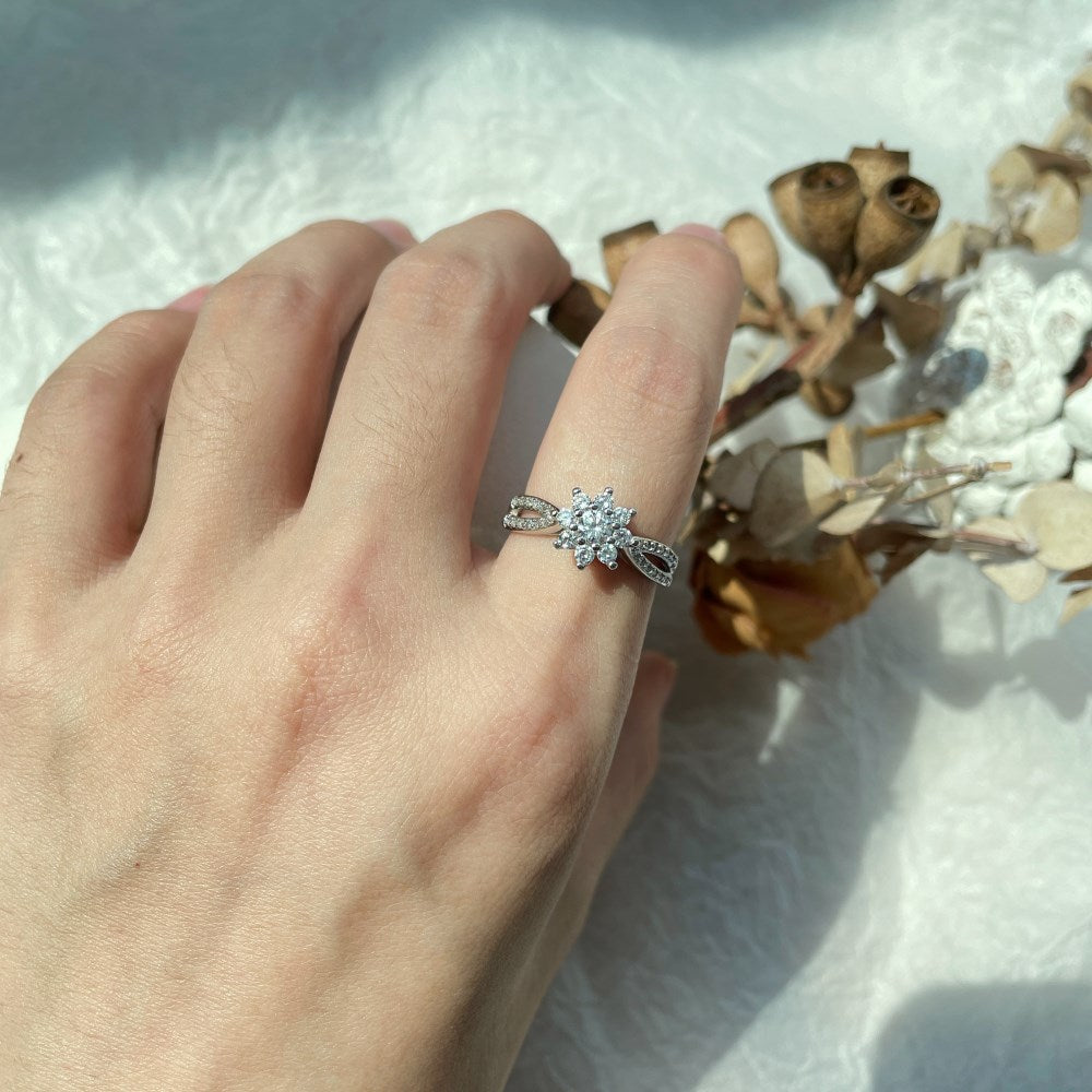 Silver Zircon Round Cut Twisted Iced Flower Halo Ring