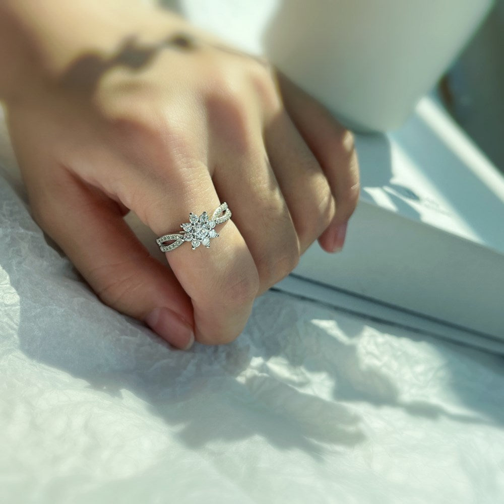 Silver Zircon Round Cut Twisted Iced Flower Halo Ring