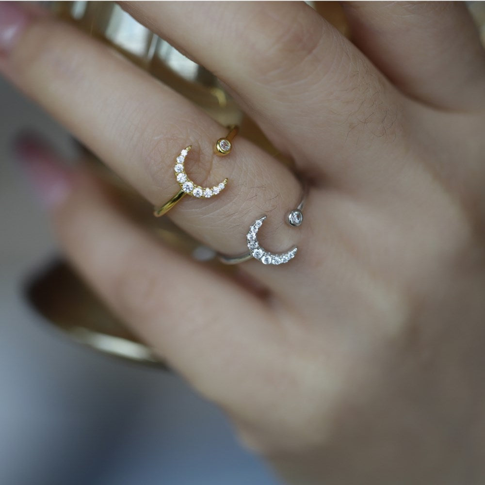 Silver Zircon Round Cut Small Open Crescent Bypass Ring