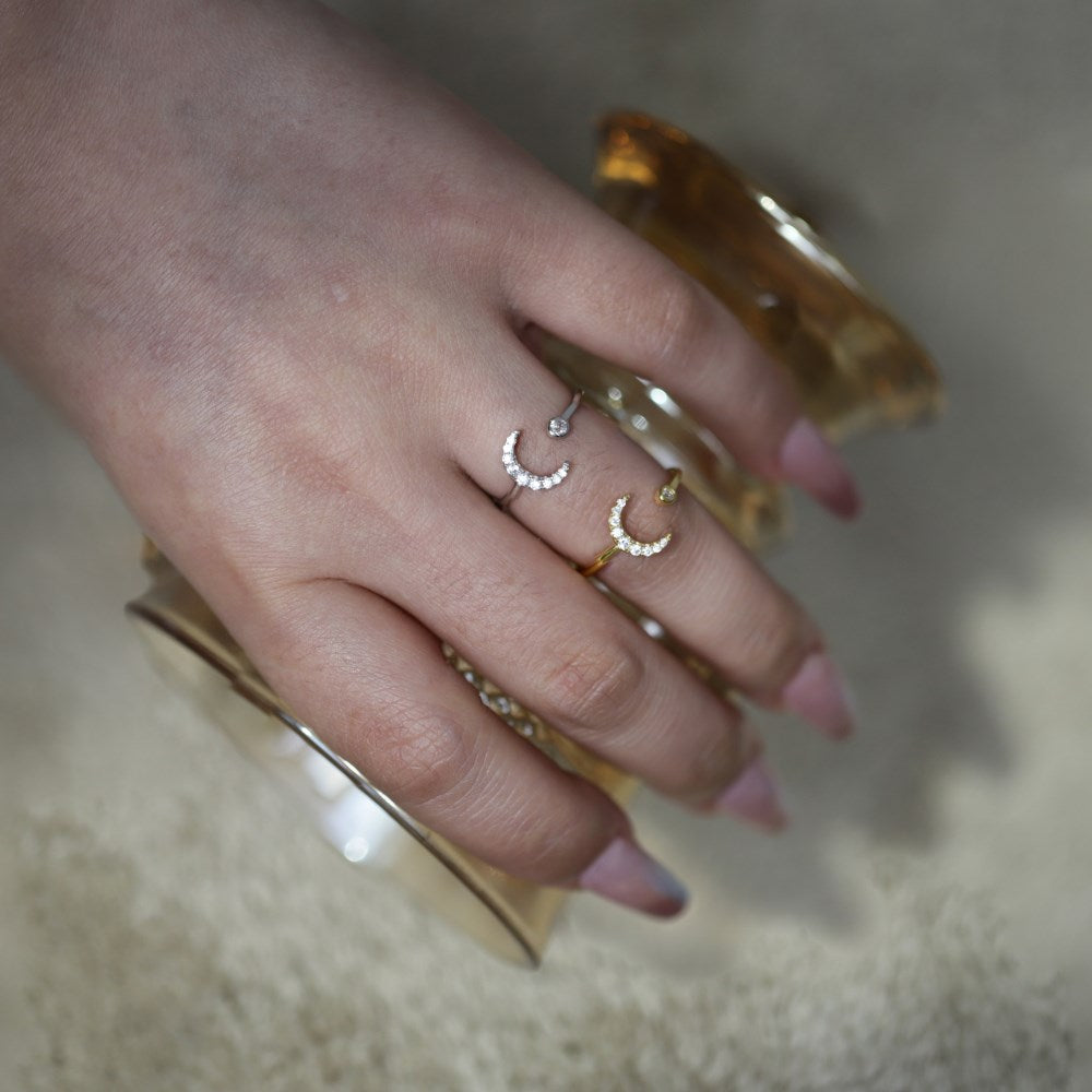 Silver Zircon Round Cut Small Open Crescent Bypass Ring