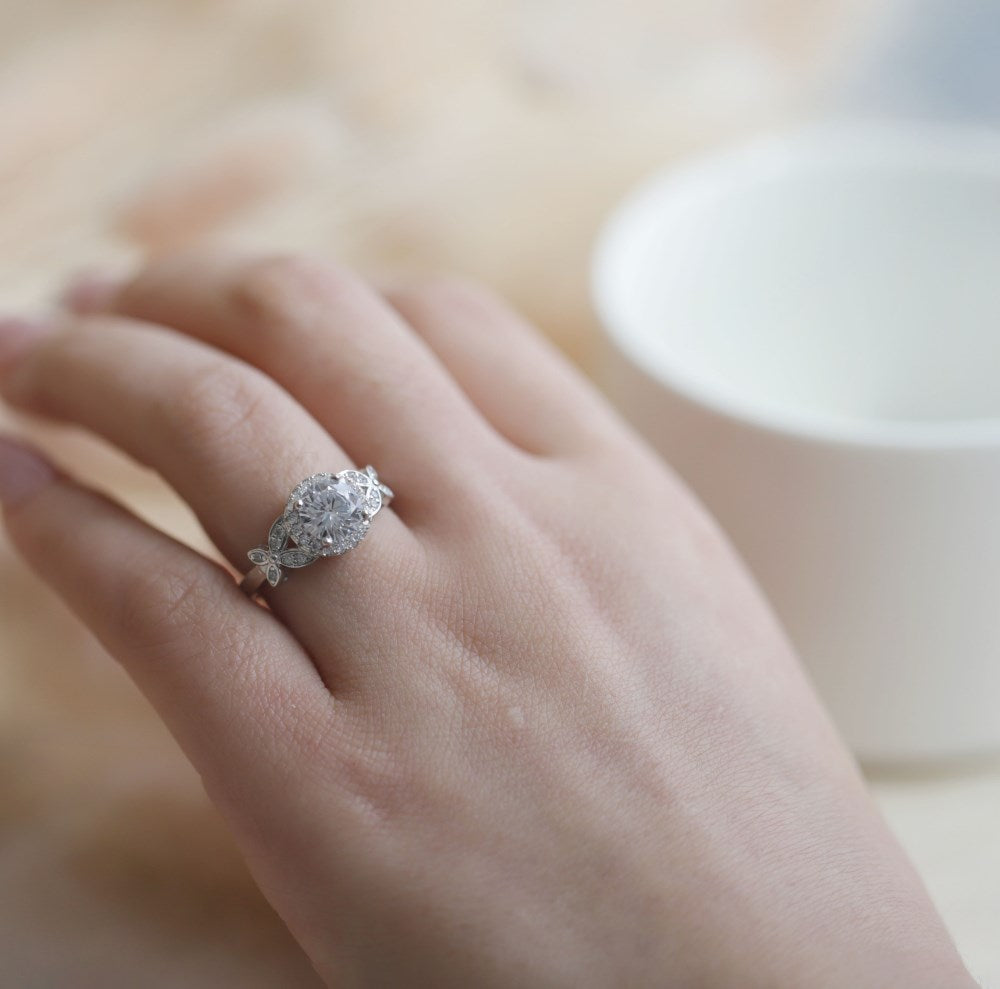 Silver Zircon Round Cut Ice Flower Butterfly Wrapped Halo Ring
