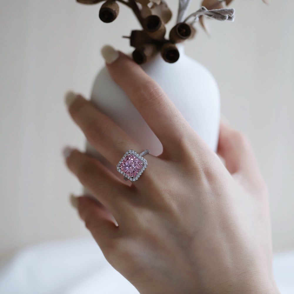 Silver Zircon Radiant Square Cut Inlaid Halo Ring