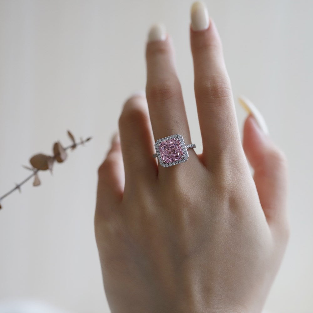 Silver Zircon Radiant Square Cut Inlaid Halo Ring