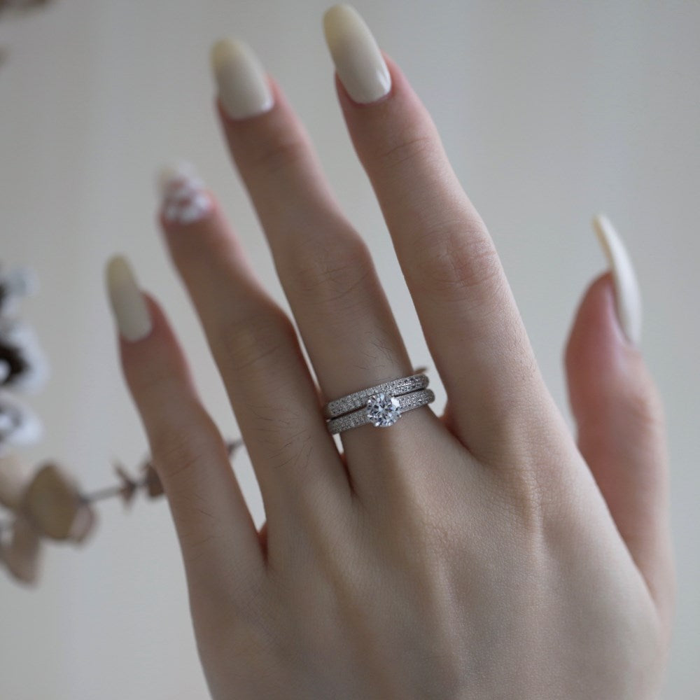 Silver Zircon Round Cut Iced Duel Wedding Ring