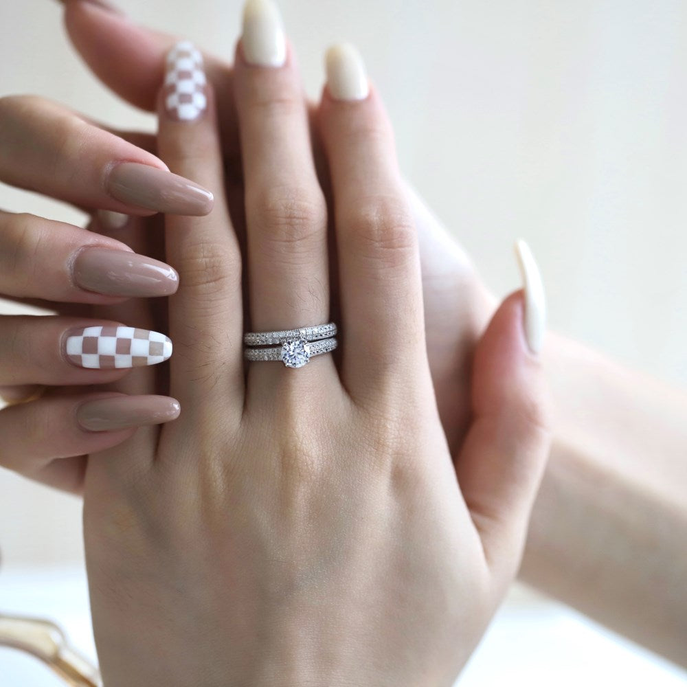 Silver Zircon Round Cut Iced Duel Wedding Ring