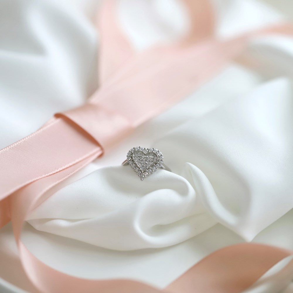 Silver Zircon Baguette Cut Multi Shape Heart Halo Ring