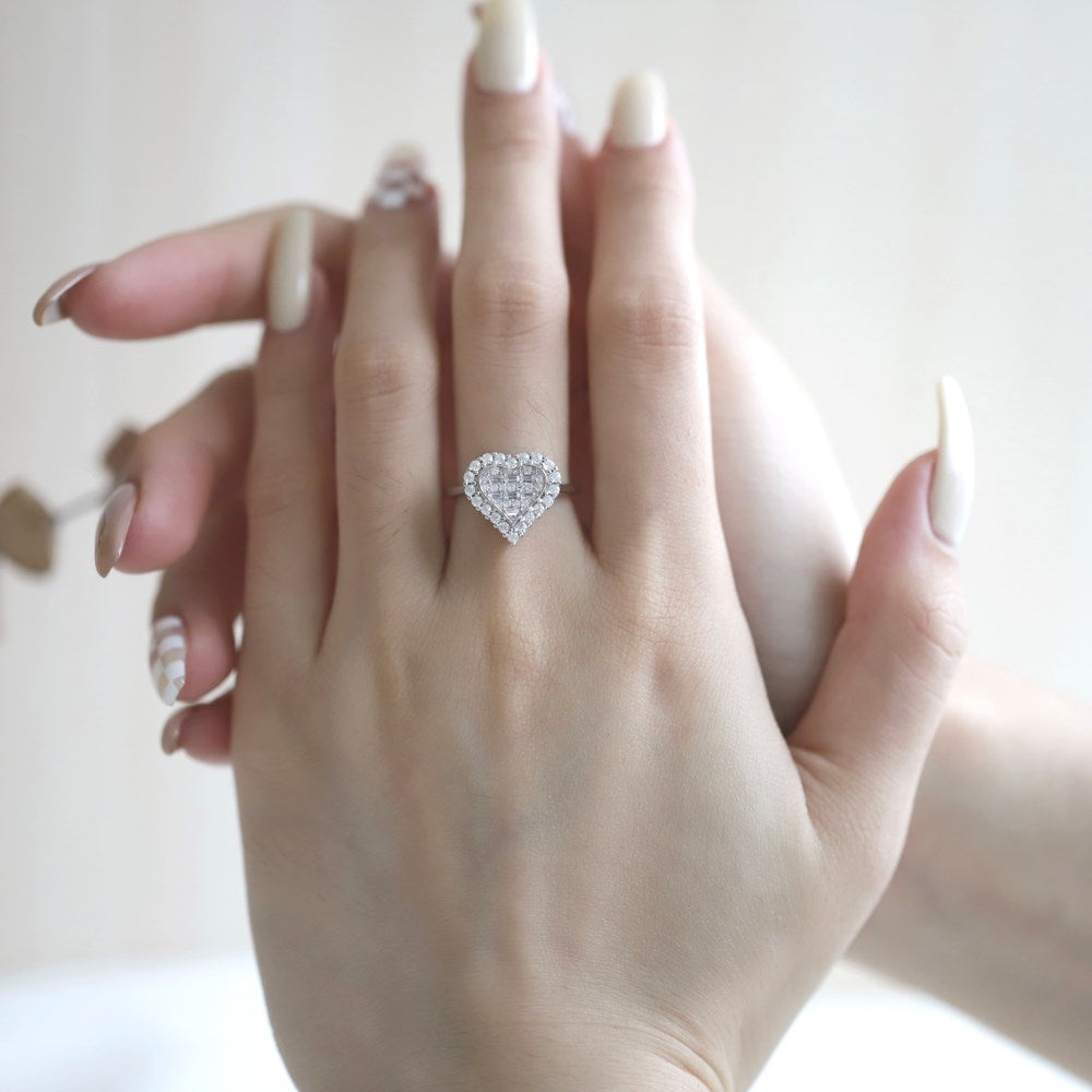 Silver Zircon Baguette Cut Multi Shape Heart Halo Ring