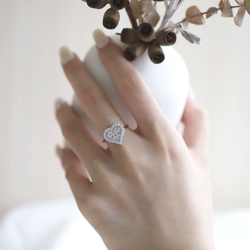 Silver Zircon Baguette Cut Multi Shape Heart Halo Ring