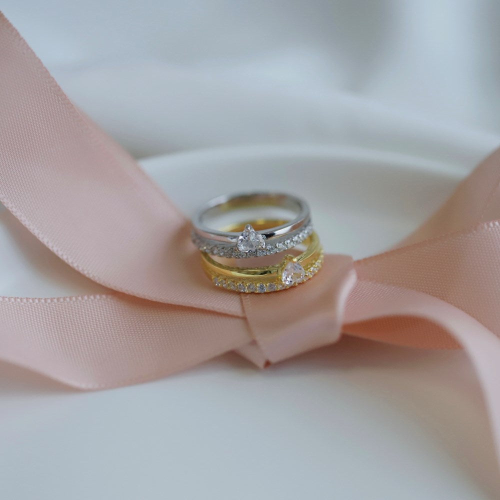 Silver Zircon Heart Cut Double Layer Dainty Ring