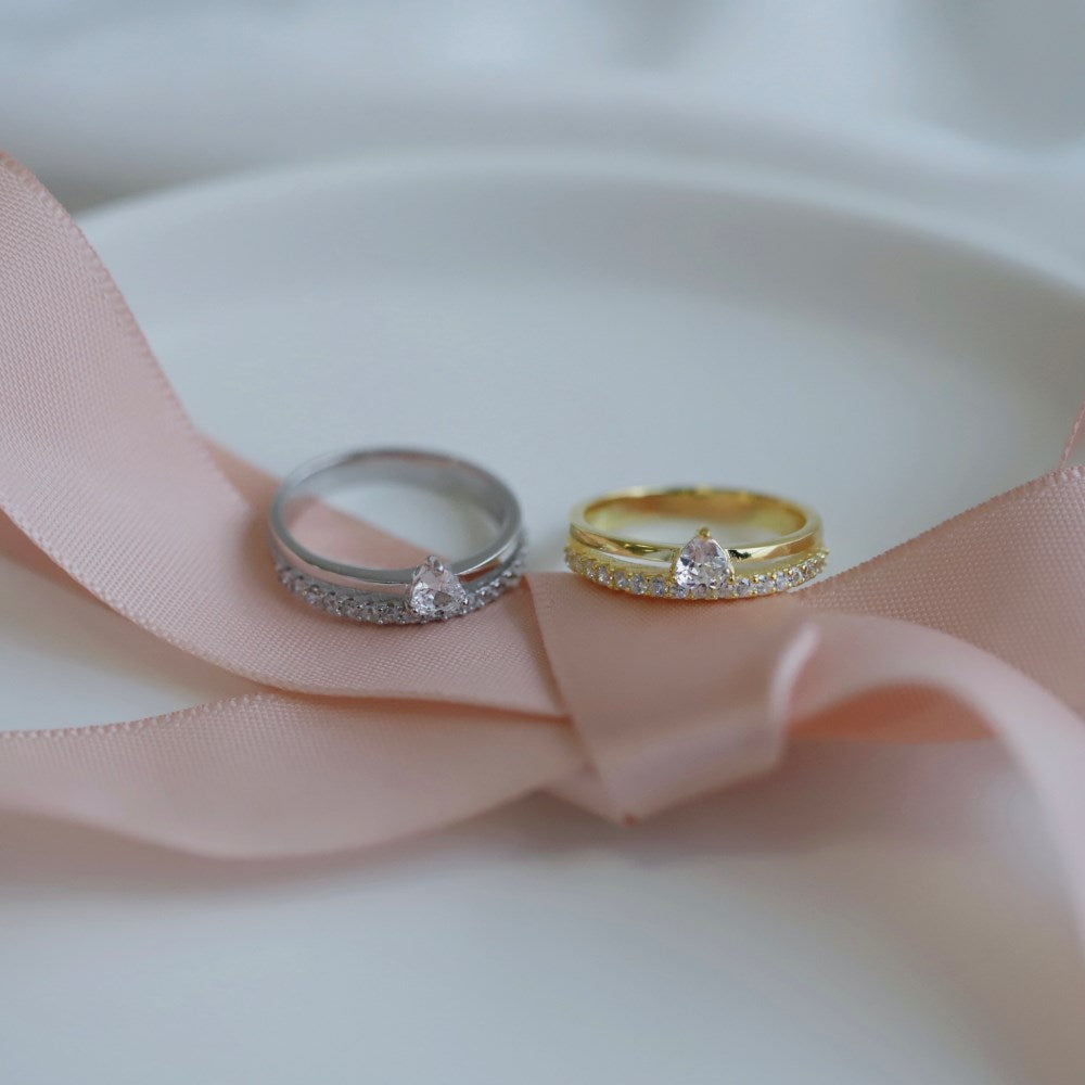 Silver Zircon Heart Cut Double Layer Dainty Ring