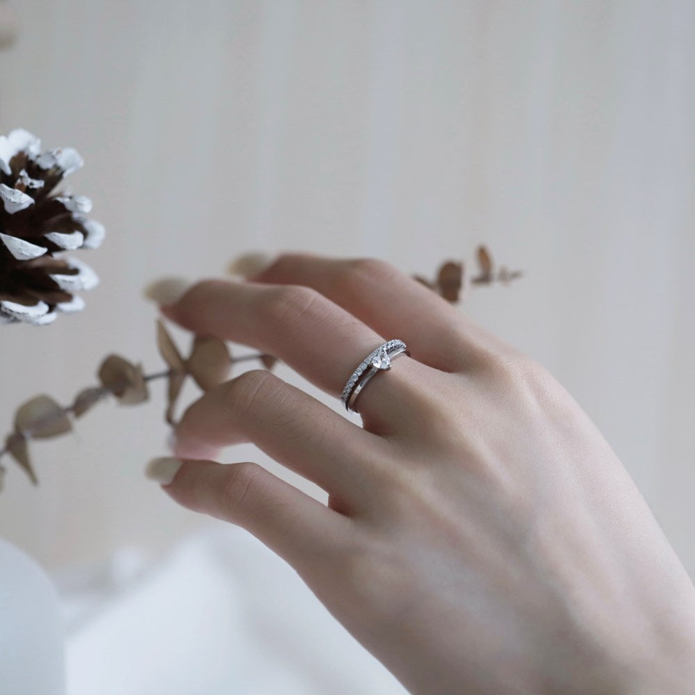 Silver Zircon Heart Cut Double Layer Dainty Ring
