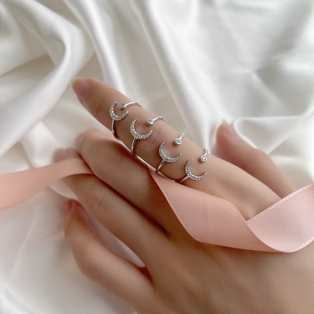 Silver Zircon Round Cut Small Open Crescent Bypass Ring